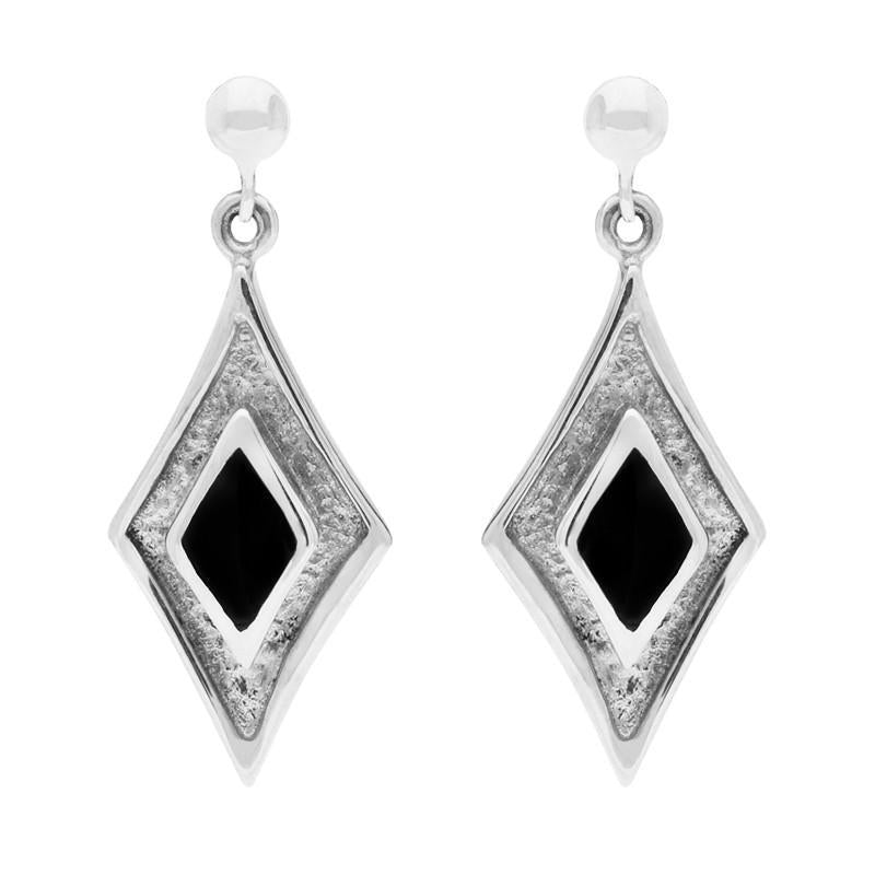 Sterling Silver Whitby Jet Diamond Shaped Drop Earrings - Silver
