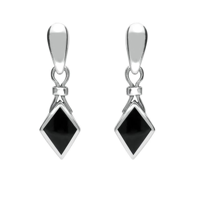 Sterling Silver Whitby Jet Dinky Diamond Shape Drop Earrings - Silver