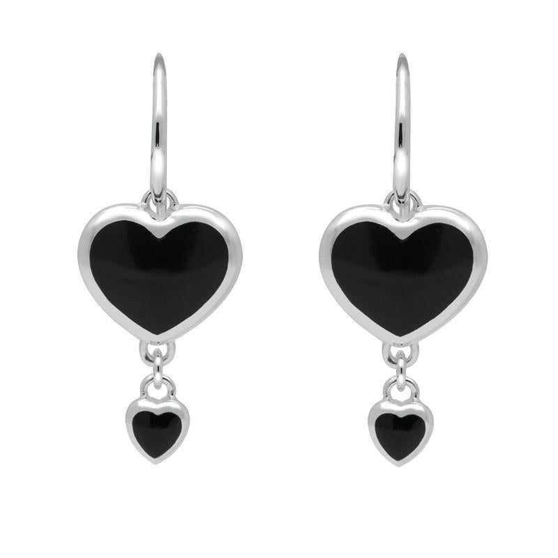 Sterling Silver Whitby Jet Double Heart Hook Earrings - Option1 Value Silver