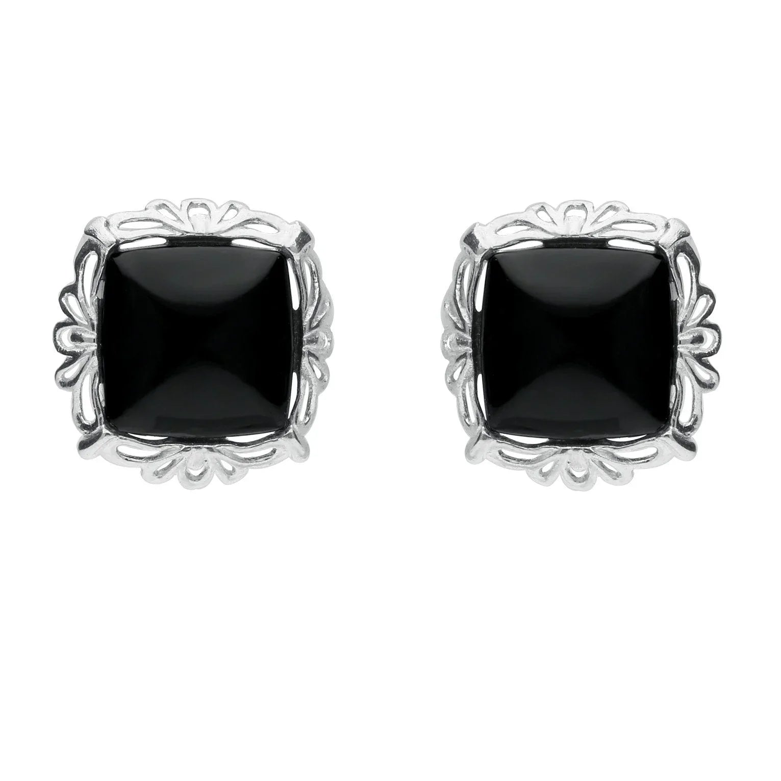 Sterling Silver Whitby Jet Fancy Cushion Stud Earrings - Silver