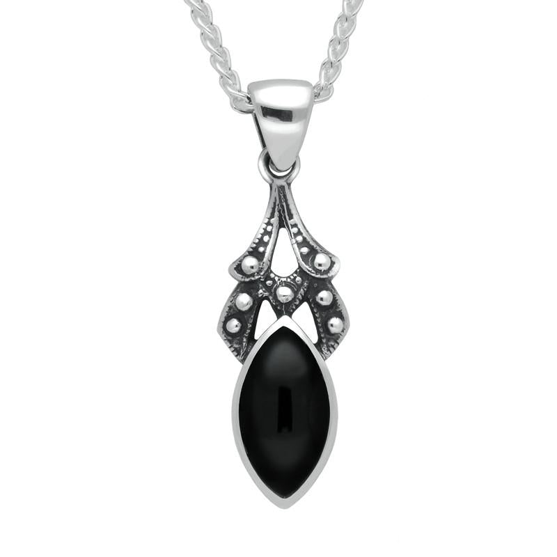 Sterling Silver Whitby Jet Marquise Drop Necklace - Silver