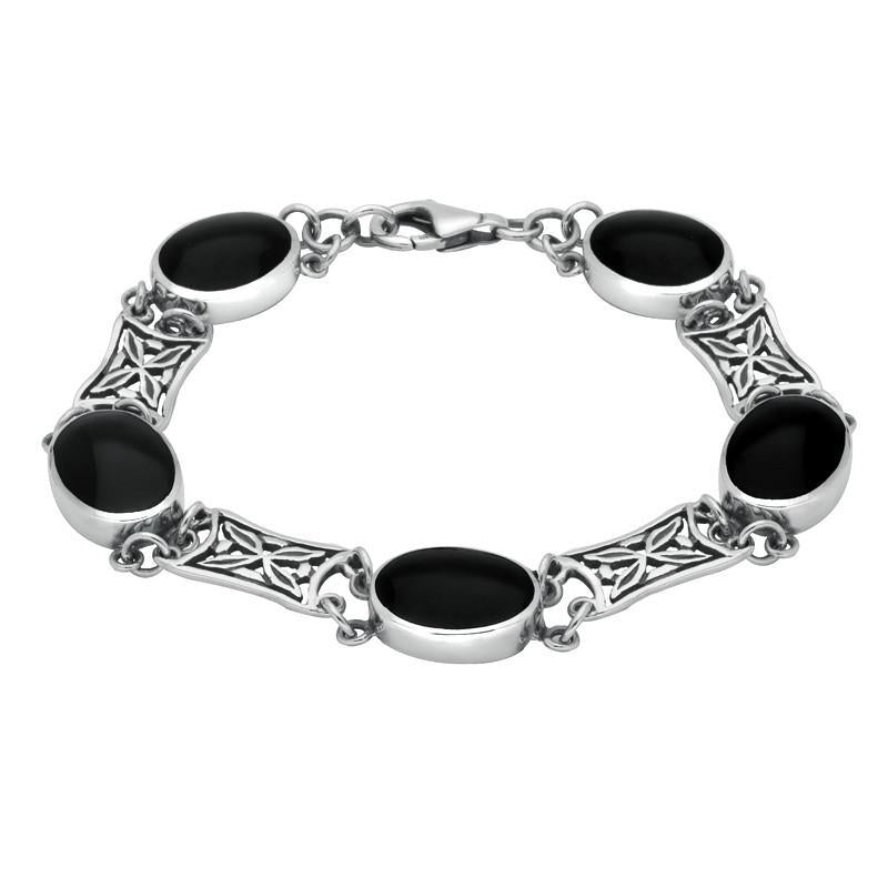 Sterling Silver Whitby Jet Five Stone Pierced Oval Bracelet - Silver