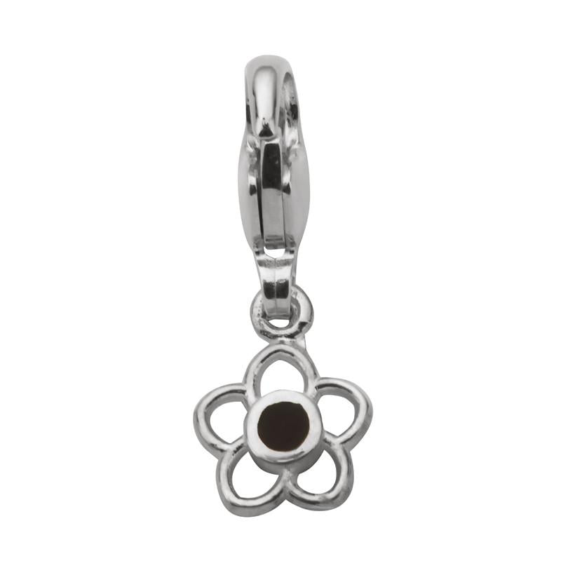 Sterling Silver Whitby Jet Flower Dropper Charm - Silver