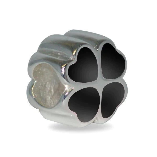 Sterling Silver Whitby Jet Four Leaf Clover Heart Charm - Silver