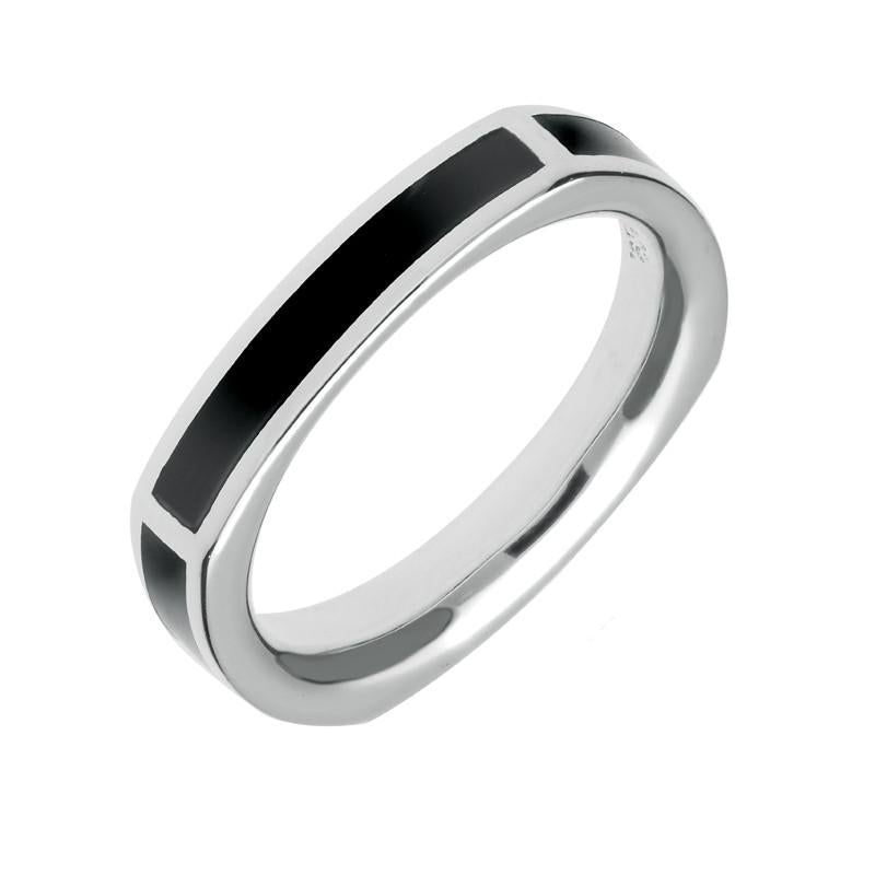 Sterling Silver Whitby Jet Four Stone Oblong Ring - Option1 Value Silver