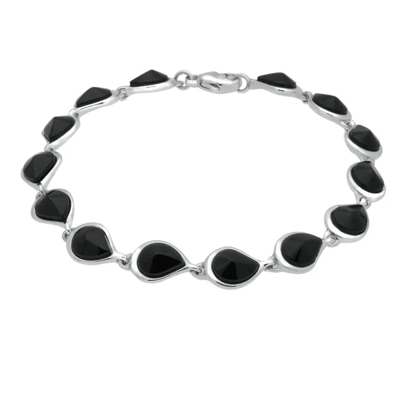 Sterling Silver Whitby Jet Fourteen Stone Offset Pear Bracelet - Option1 Value Silver