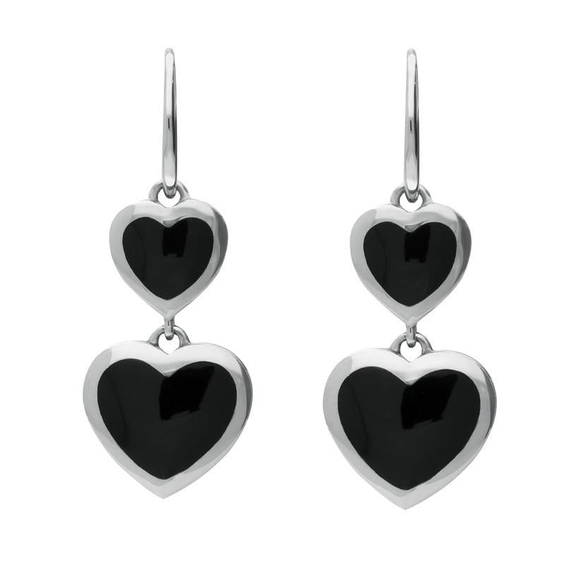 Sterling Silver Whitby Jet Eclipse Graduated Heart Hook Earrings - Silver