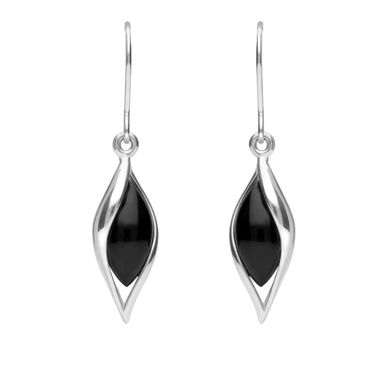 Sterling Silver Whitby Jet Graduated Twist Drop Earrings - Silver