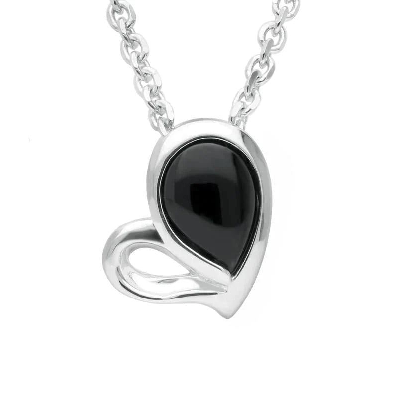 Sterling Silver Whitby Jet Half Filled Heart Necklace - Silver