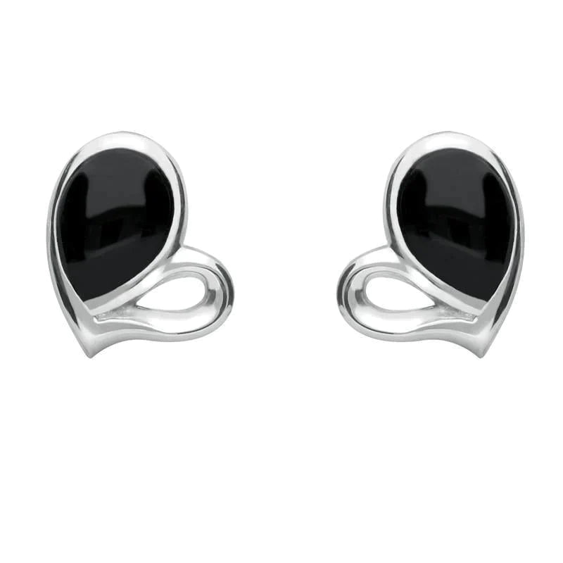 Sterling Silver Whitby Jet Half Filled Heart Stud Earrings - Silver