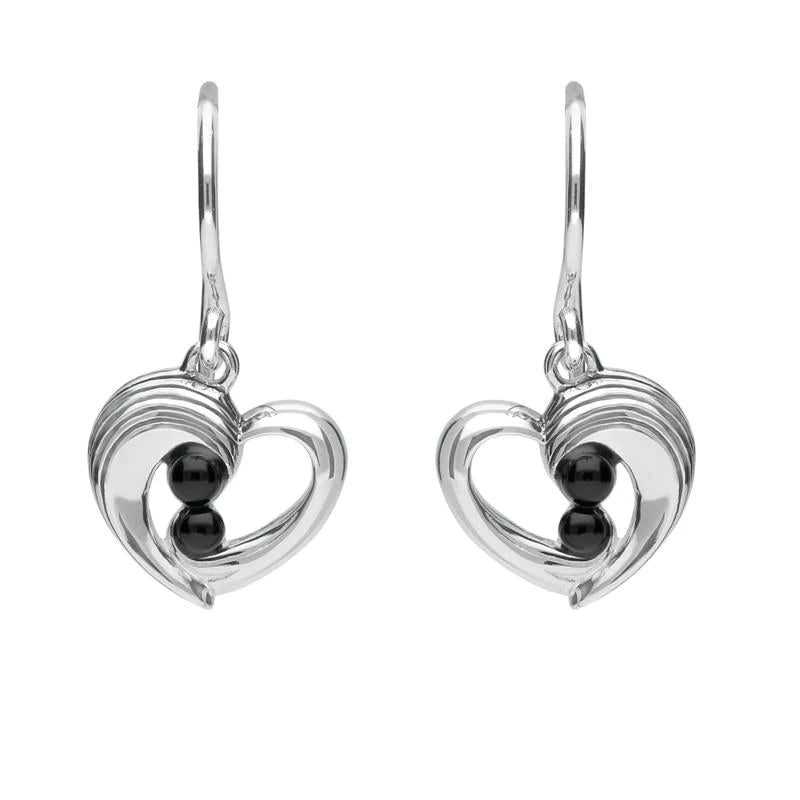 Sterling Silver Whitby Jet Half Ridge Stone Heart Drop Earrings - Silver