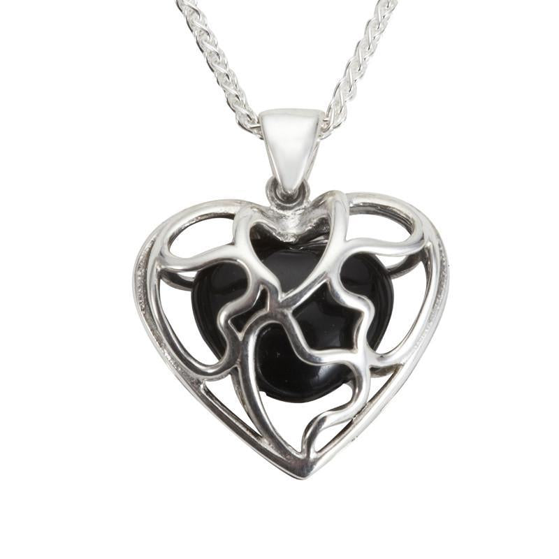 Sterling Silver Whitby Jet Heart Heritage Cage Necklace - Silver