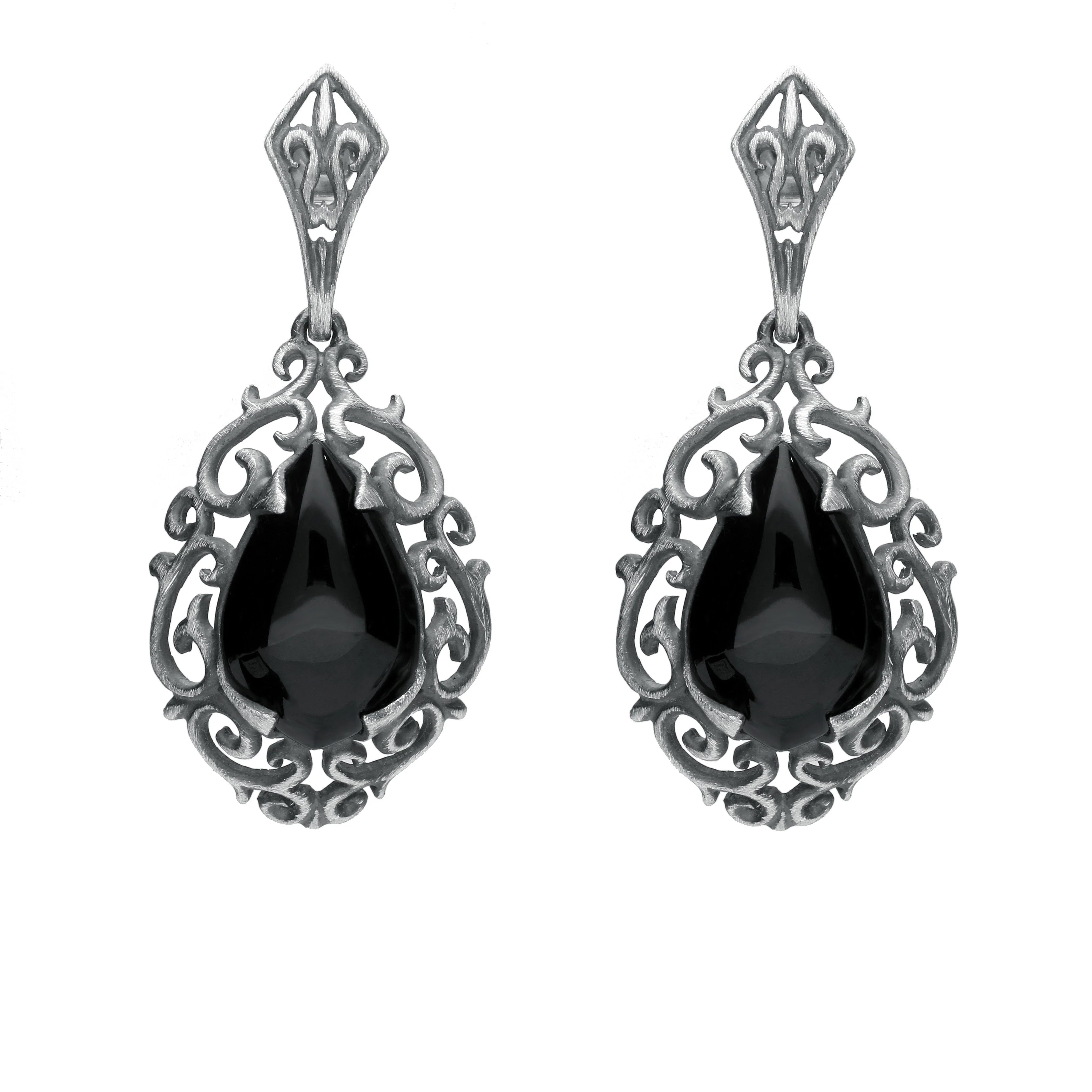 Sterling Silver Whitby Jet Heritage Heavy Carved Pear Earrings - Silver