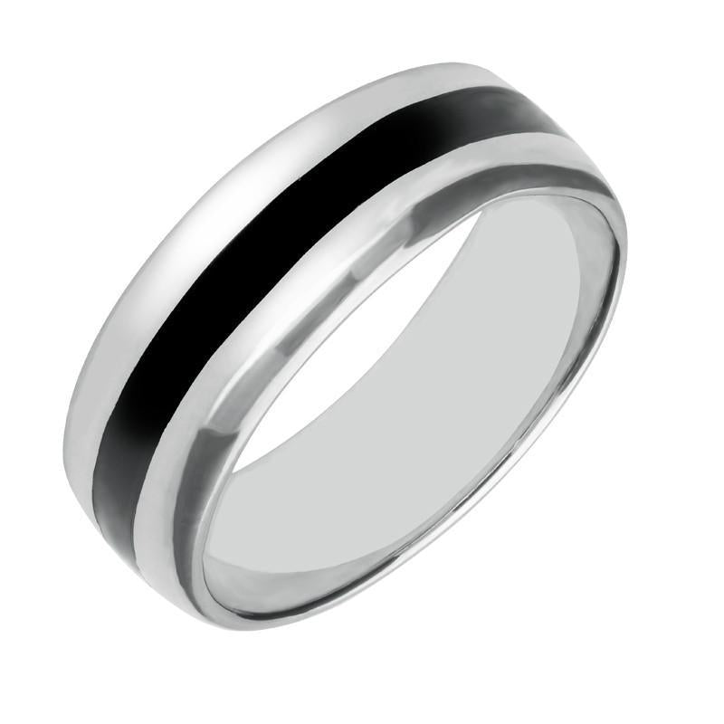 Sterling Silver Whitby Jet Heritage Inlaid Wide Band Ring - Silver