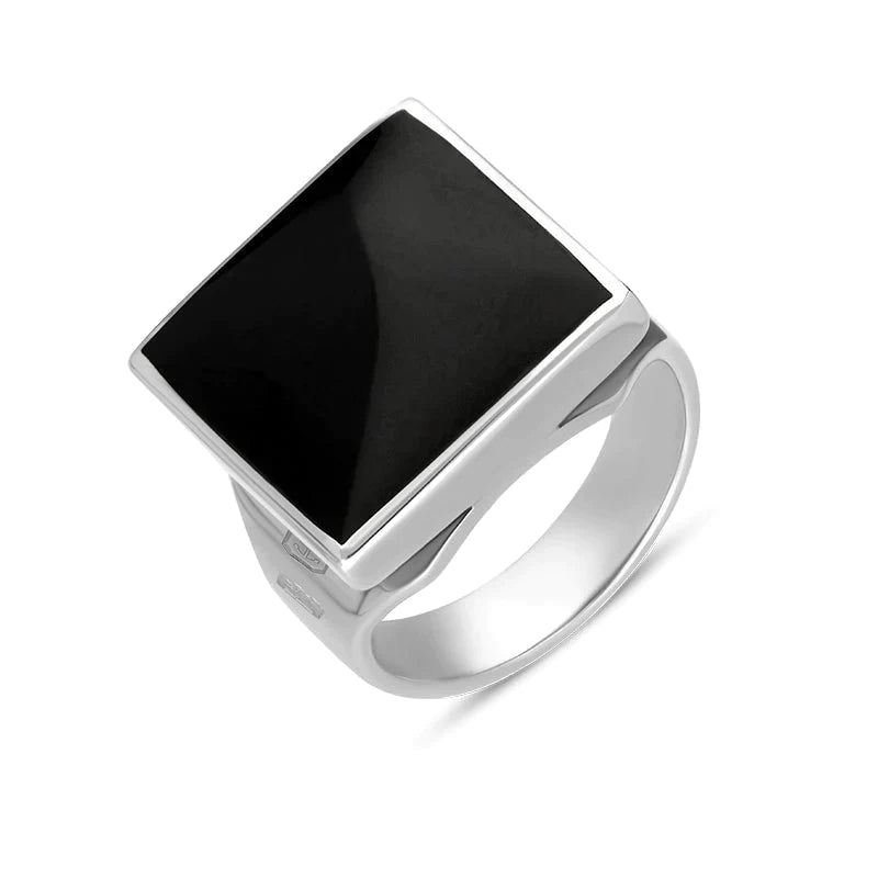 Silver Whitby Jet King's Coronation Hallmark Small Square Ring - X