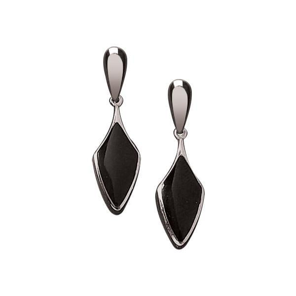 Sterling Silver Whitby Jet Kite Shaped Drop Earrings - Silver