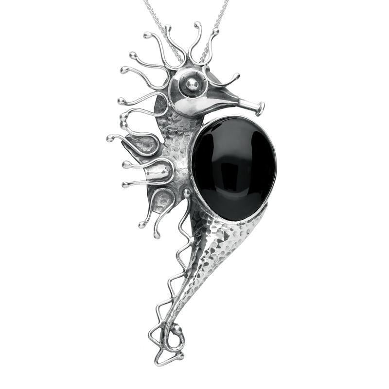 Sterling Silver Whitby Jet Large Seahorse Brooch - Silver