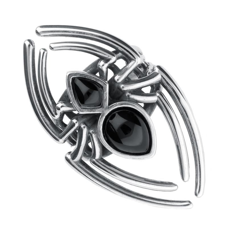 Sterling Silver Whitby Jet Gothic Large Spider Web Shank Ring - Silver
