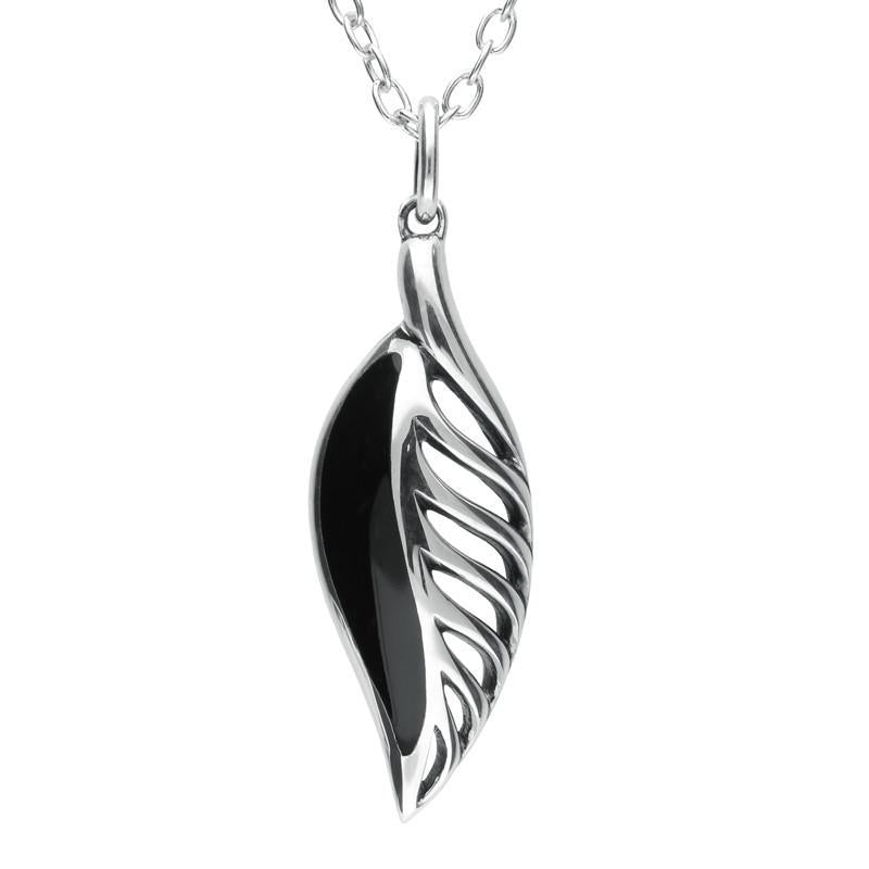 Sterling Silver Whitby Jet Leaf Drop Necklace - Option1 Value Silver