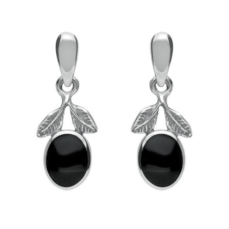 Sterling Silver Whitby Jet Heritage Leaf Drop Earrings - Silver
