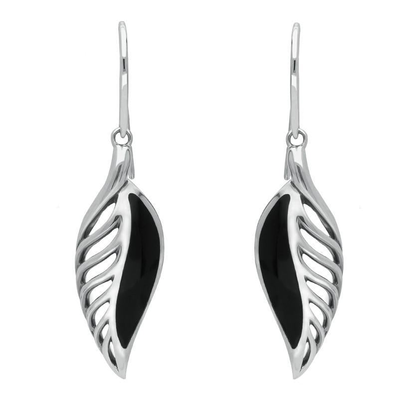 Sterling Silver Whitby Jet Eclipse Leaf Hook Drop Earrings - Silver