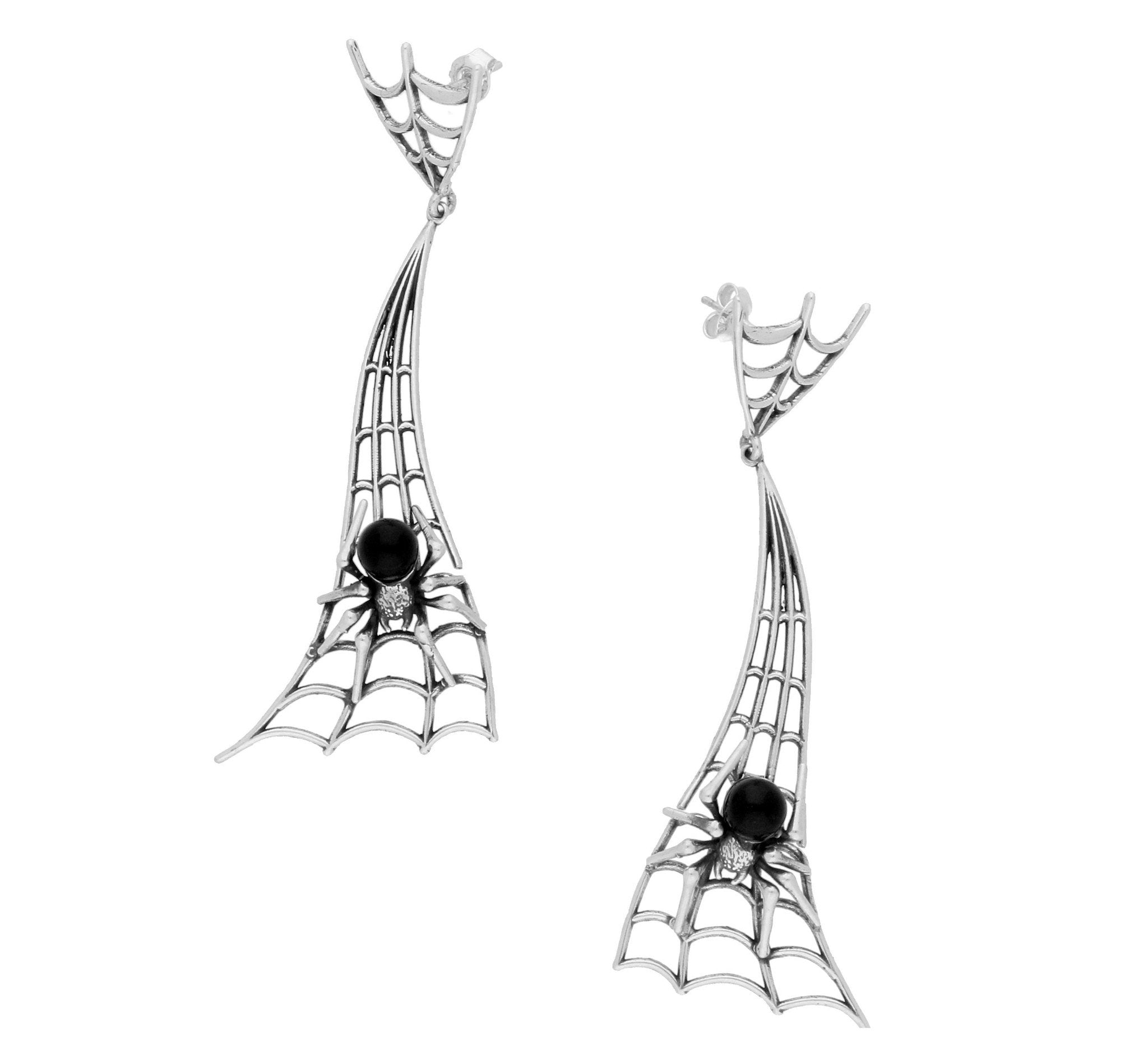 Sterling Silver Whitby Jet Gothic Articulated Spider Web Drop Earrings - Silver