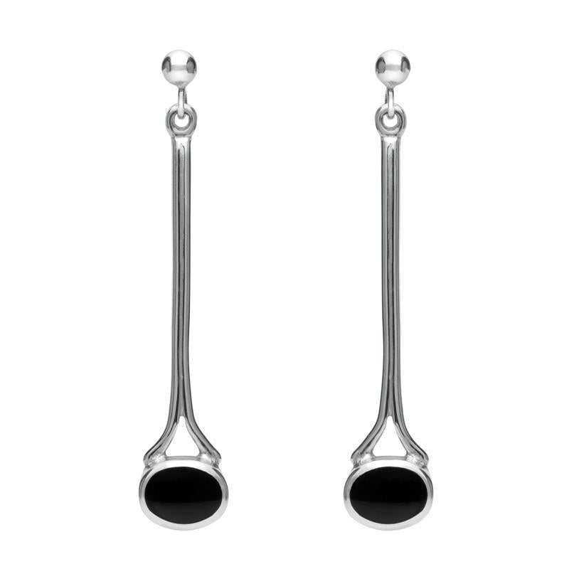 Sterling Silver Whitby Jet Long Drop Earrings - Silver