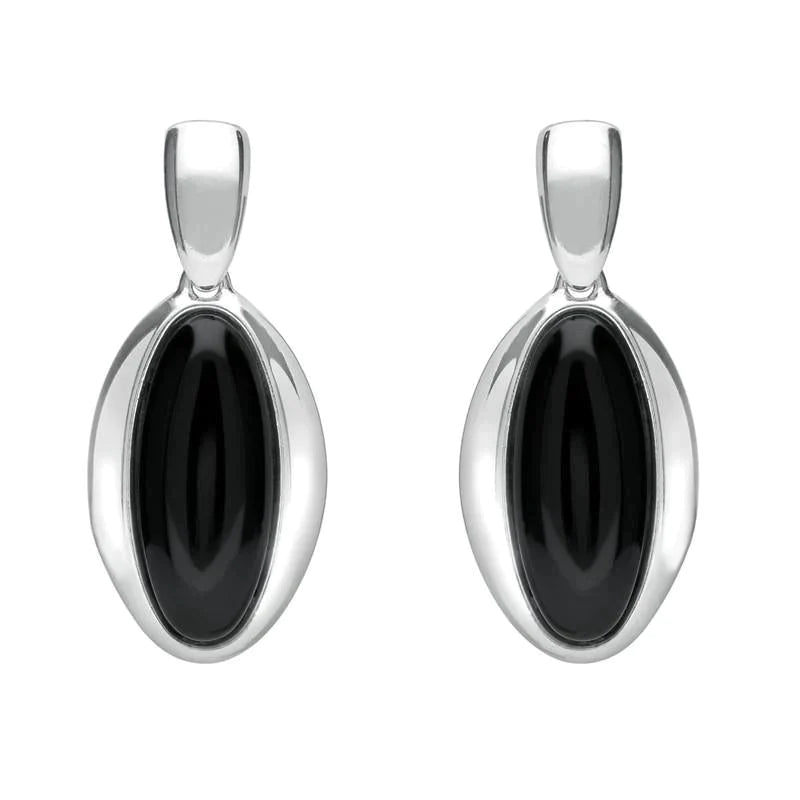 Sterling Silver Whitby Jet Heritage Long Oval Drop Earrings - Silver