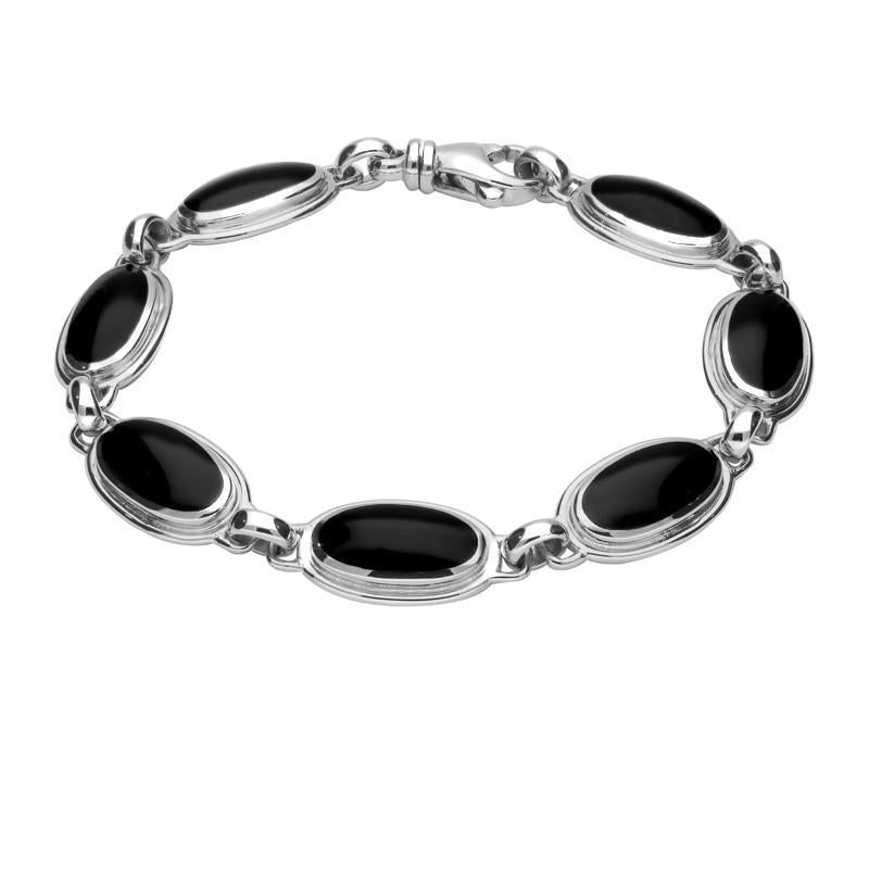 Sterling Silver Whitby Jet Heritage Long Oval Ribbed Bracelet - Silver