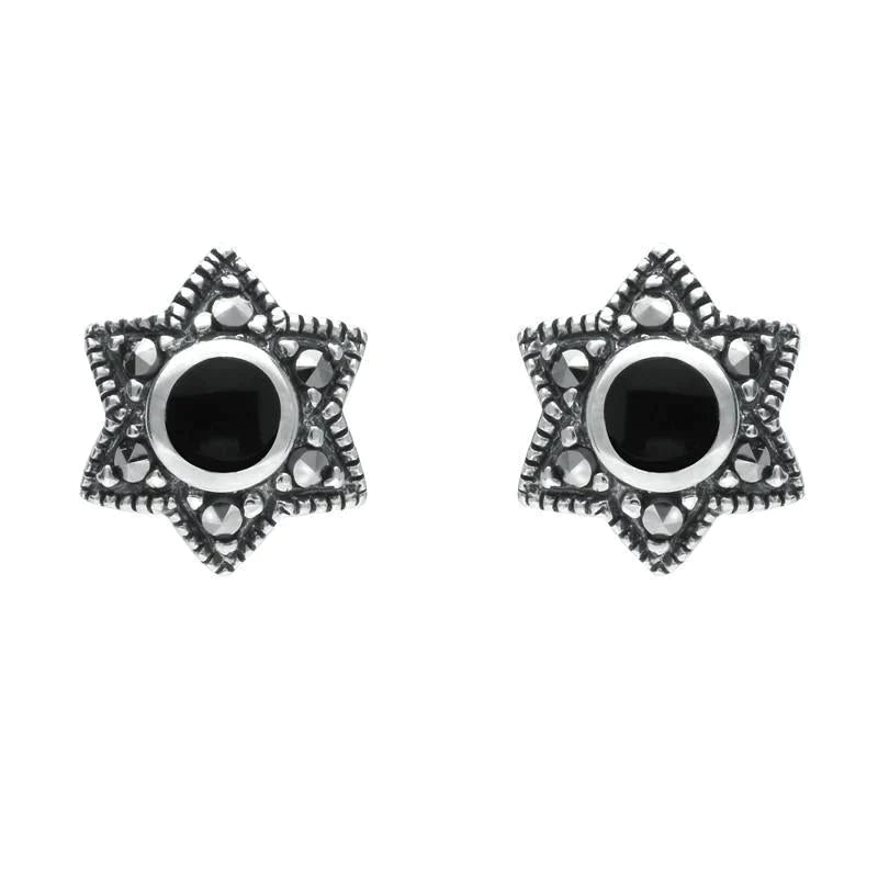 Sterling Silver Whitby Jet Marcasite Six Point Star Stud Earrings - Silver