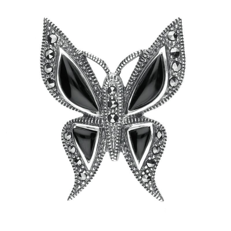 Sterling Silver Whitby Jet Marcasite Butterfly Brooch - Silver