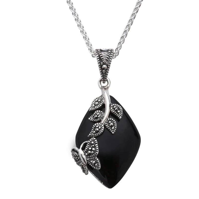 Sterling Silver Whitby Jet Marcasite Butterfly Leaf Necklace - Silver