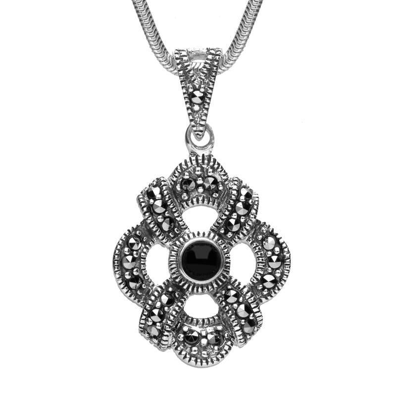Sterling Silver Whitby Jet Marcasite Celtic Crossover Necklace - Silver
