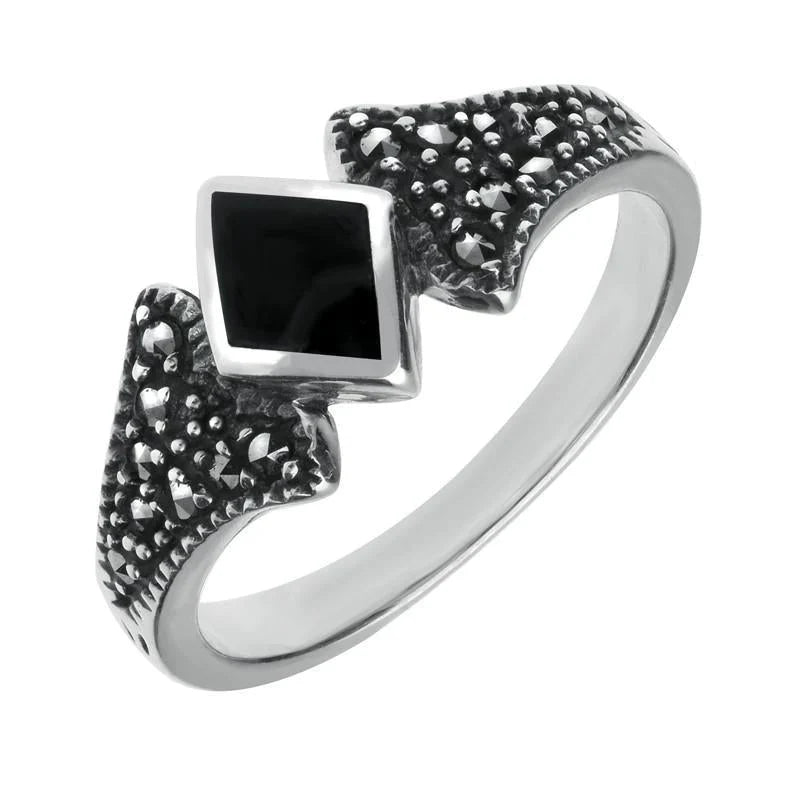 Sterling Silver Whitby Jet Marcasite Diamond Shaped Ring - Silver
