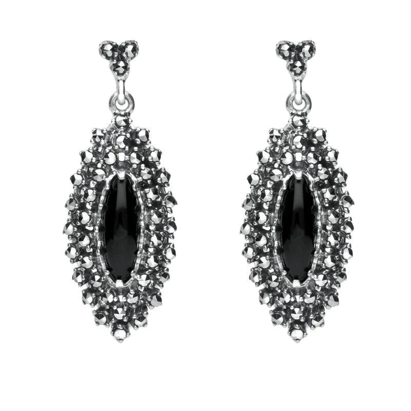 Sterling Silver Whitby Jet Marcasite Double Row Drop Earrings - Silver