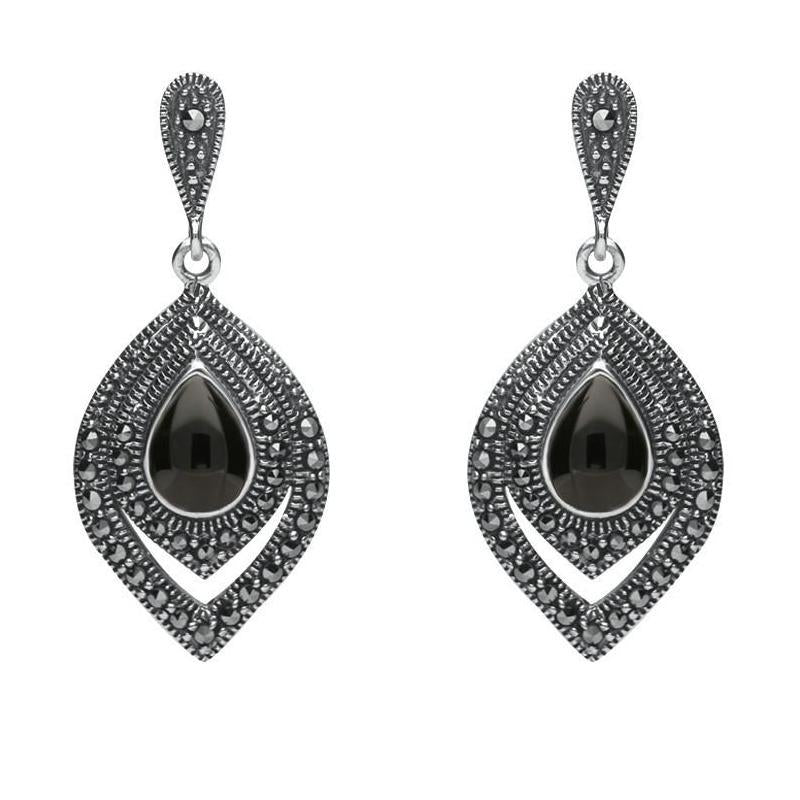Sterling Silver Whitby Jet Marcasite Fancy Pear Stud Earrings - Silver