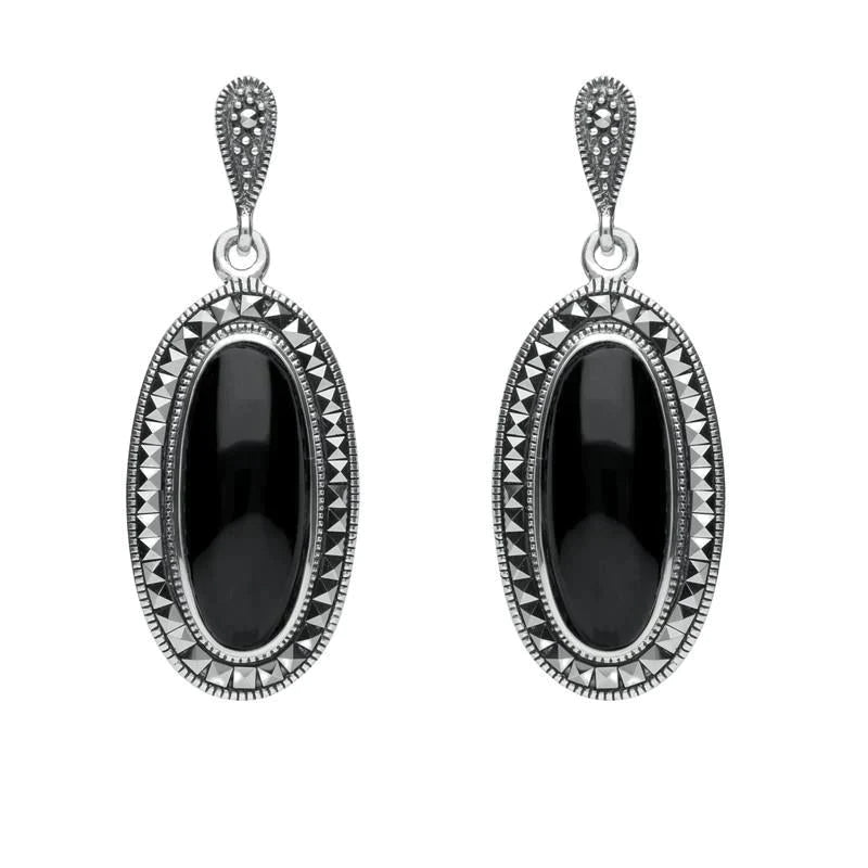 Sterling Silver Whitby Jet Marcasite Framed Drop Earrings - Silver
