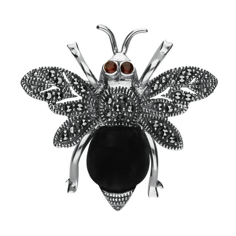 Sterling Silver Whitby Jet Marcasite Garnet Bee Brooch - Silver