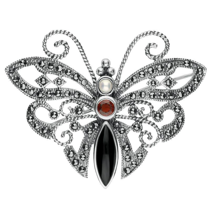 Sterling Silver Whitby Jet Marcasite Garnet Pearl Butterfly Brooch - Silver
