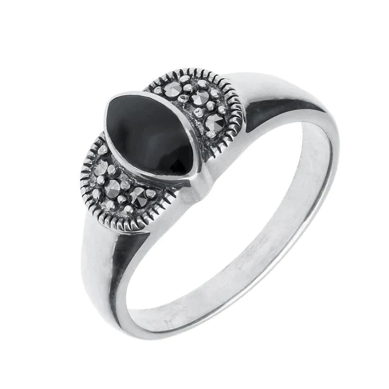 Sterling Silver Whitby Jet Marcasite Marquise Ring - Silver