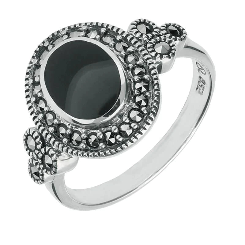 Sterling Silver Whitby Jet Marcasite Oval Beaded Edge Ring - Silver