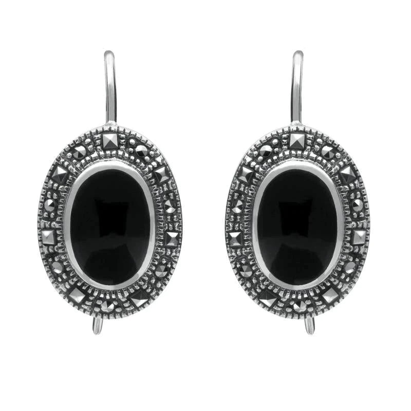 Sterling Silver Whitby Jet Marcasite Oval Drop Earrings - Silver