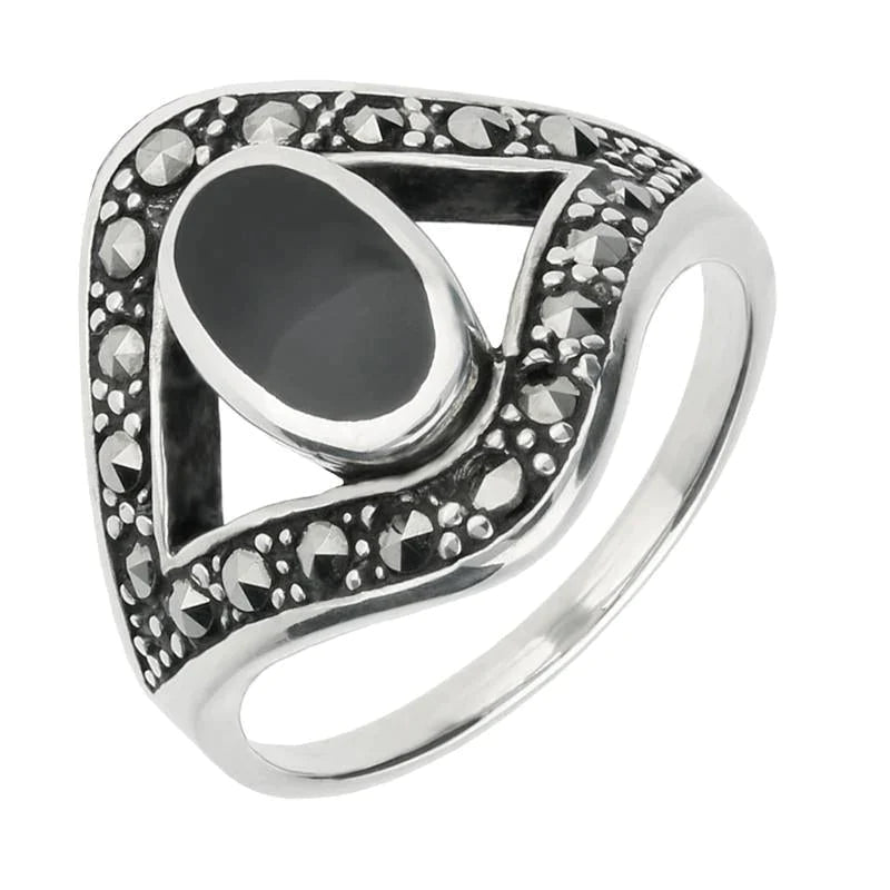 Sterling Silver Whitby Jet Marcasite Oval Split Edge Ring - Silver