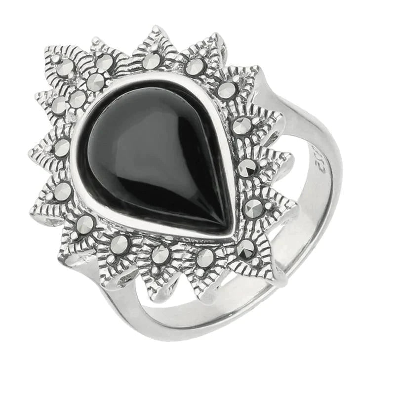 Sterling Silver Whitby Jet Marcasite Pear Beaded Edge Ring - Silver
