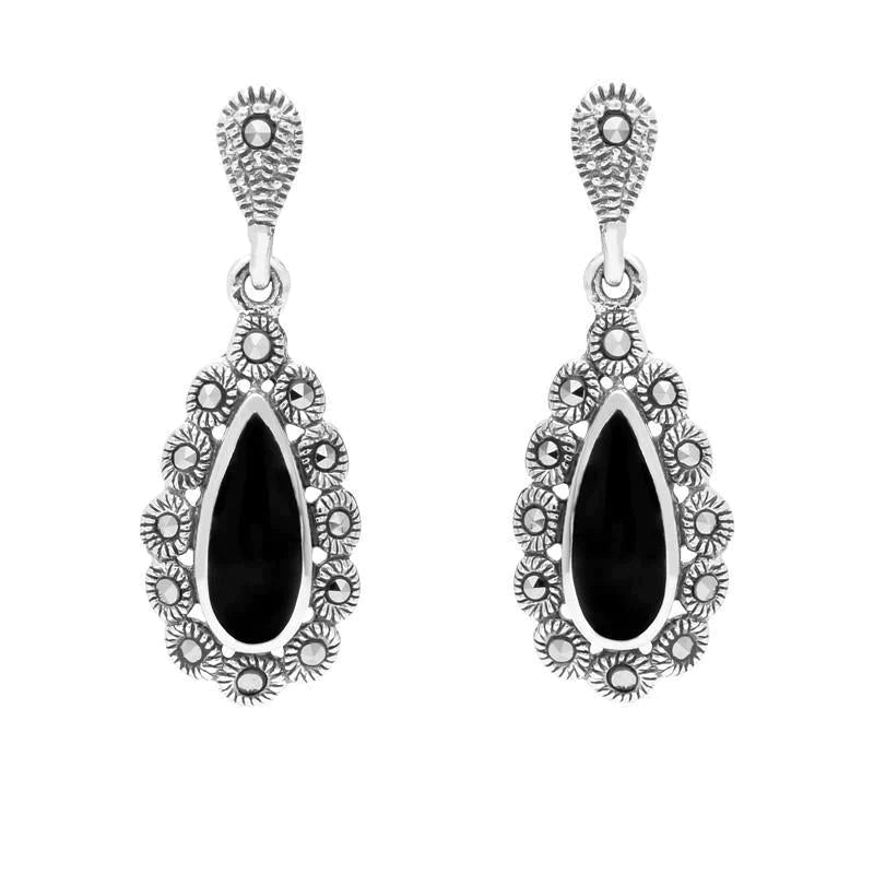 Sterling Silver Whitby Jet Marcasite Pear Centre Round Bead Earrings - Silver