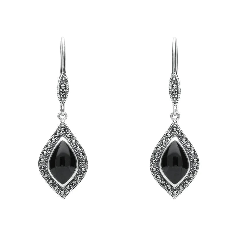 Sterling Silver Whitby Jet Marcasite Pointed Pear Hook Earrings - Silver