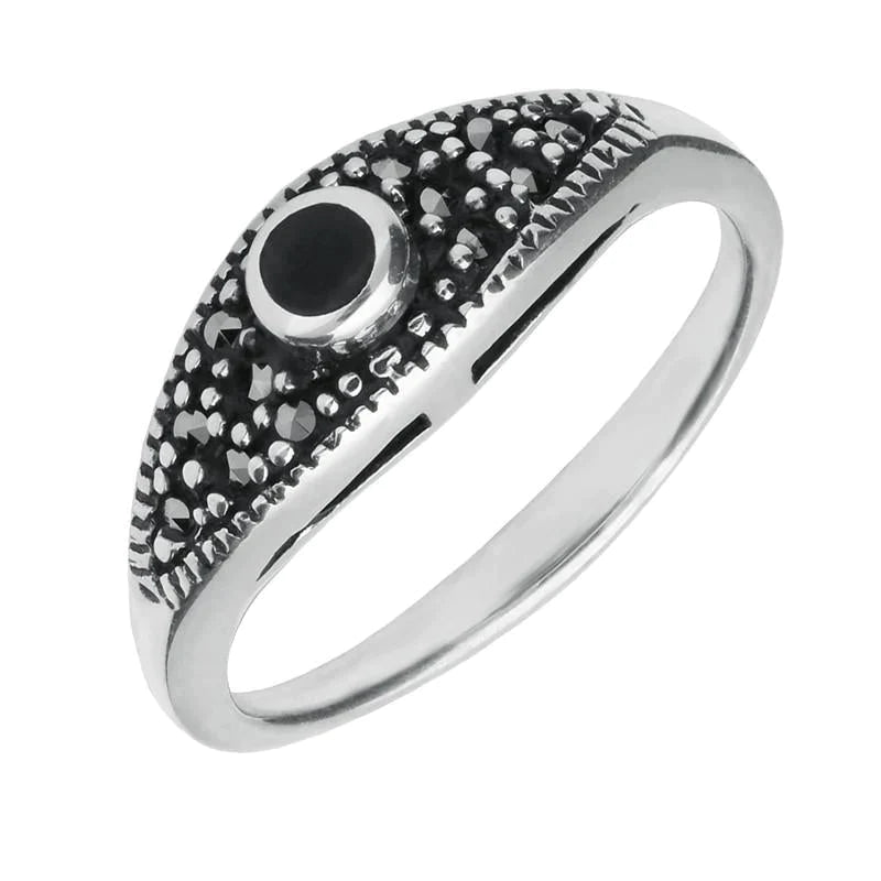 Sterling Silver Whitby Jet Marcasite Round Stone Ring - Silver