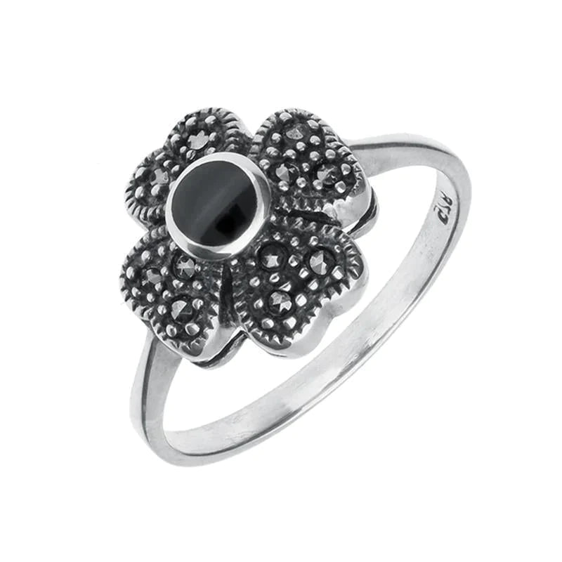 Sterling Silver Whitby Jet Marcasite Small Flower Ring - Silver