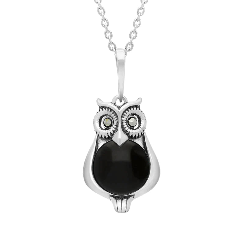 Sterling Silver Whitby Jet Marcasite Small Owl Necklace - Silver