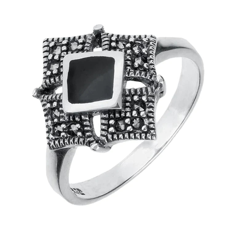 Sterling Silver Whitby Jet Marcasite Square Centre Beaded Edge Ring - Silver